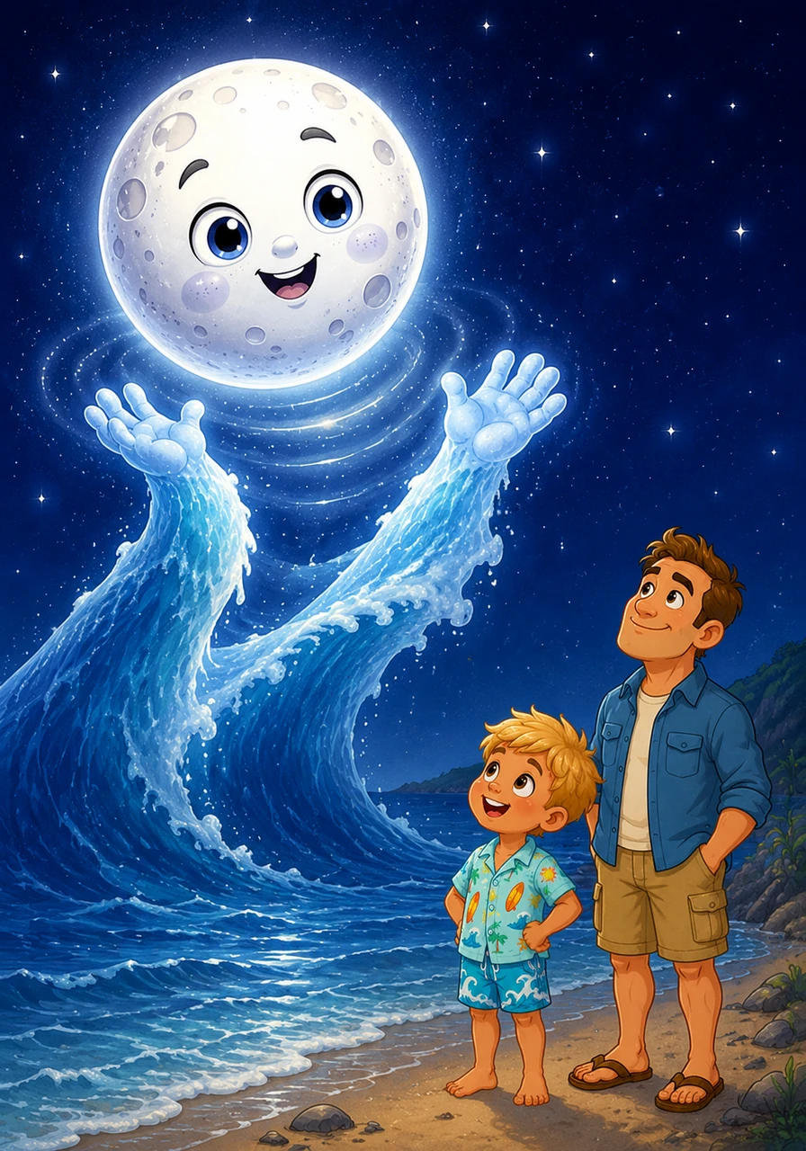 The Moon acts just like a giant, invisible space magnet hovering over the Earth. Even though it is super far away, it has a special power called gravity that pulls the water towards it. The ocean loves the Moon so much that it tries to reach up and give it a hug.