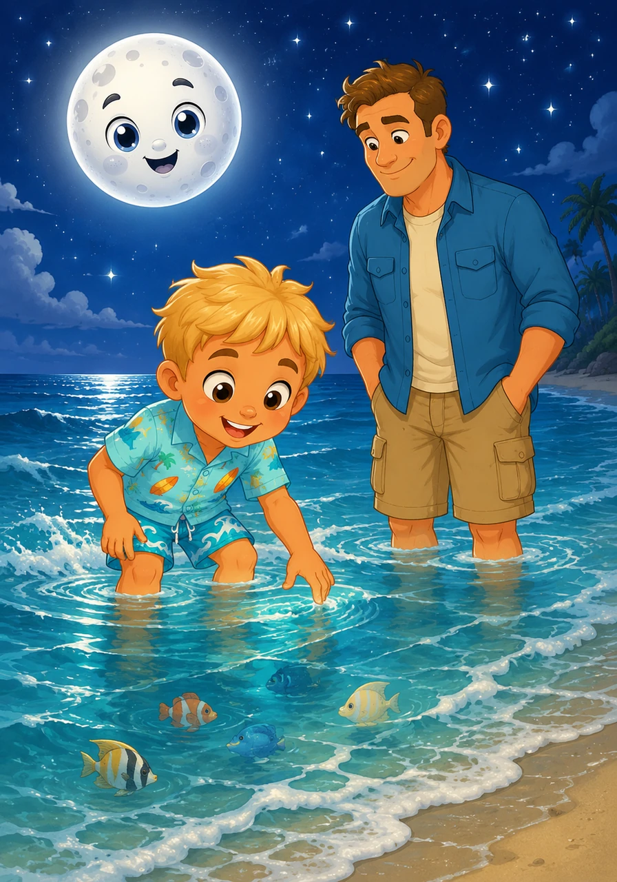 When the Moon is pulling the water right over Toby's beach, the ocean piles up nice and deep. That is what creates the splashy high tide! It is the perfect time for Toby to safely splash in the shallows and look out for swimming fish.