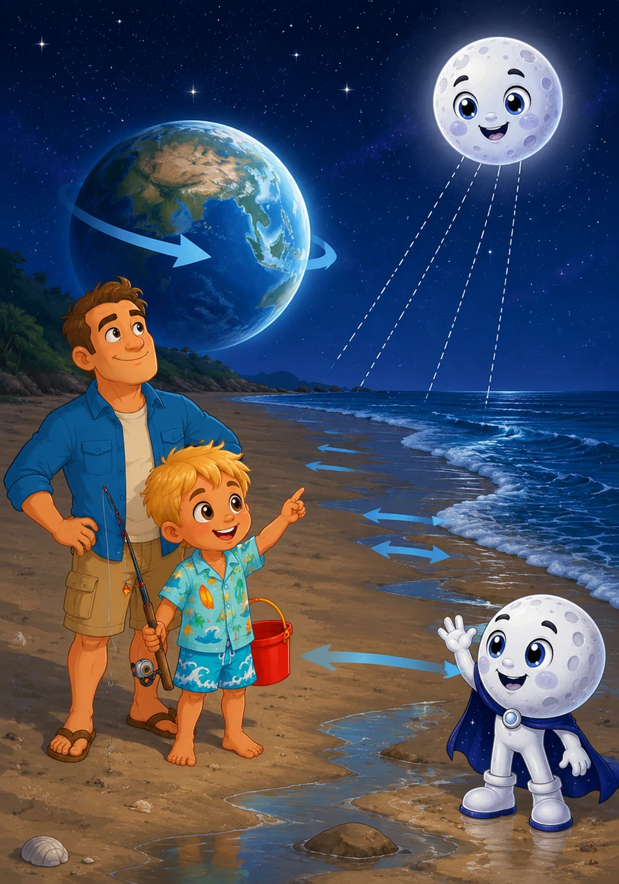 But the Earth is always spinning around like a slow, sleepy spinning top. As Toby's beach turns away from the Moon's magnetic pull, the ocean water gently slides back out into the sea. This turning is what slowly drains the water away to create low tide.