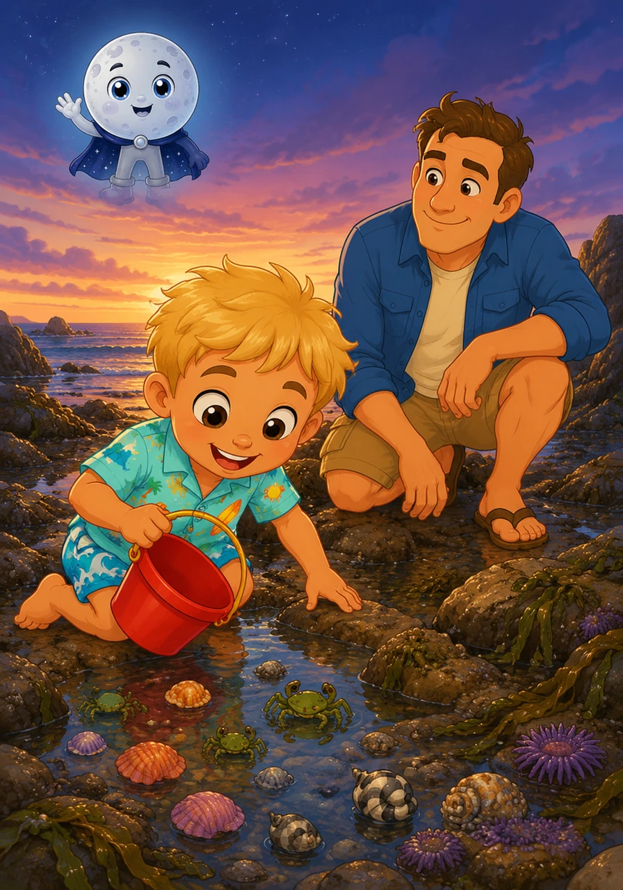 Low tide is Toby's absolute favorite time for exploring the rocky shore. With the deep water gone, secret little rock pools are left behind. Toby uses his bucket to carefully look at tiny green crabs, striped sea snails, and colorful shells.