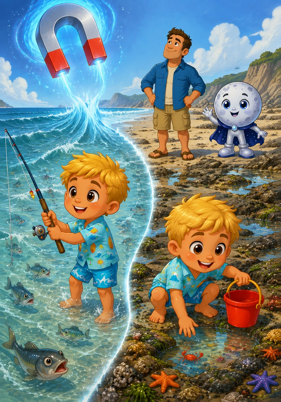 Toby finally understands how the amazing beach works! When the giant space magnet pulls the water in, he grabs his fishing rod to catch the hungry fish swimming near the shore. When the water goes out, he gets his bucket ready for rock pool adventures.