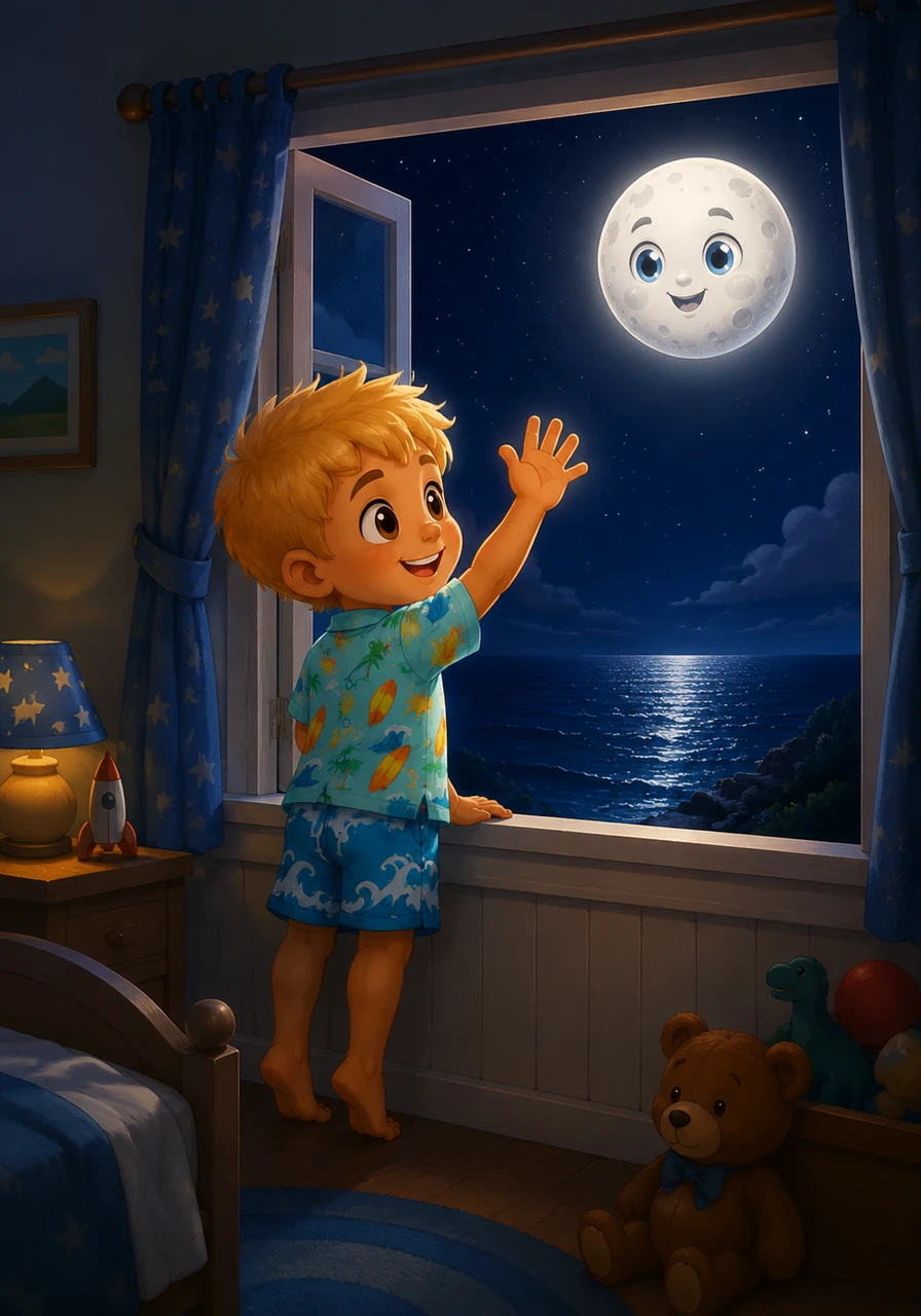 That night, Toby stands on his tiptoes and looks out his bedroom window at the glowing night sky. He waves happily at the bright, round Moon shining over the dark ocean. He whispers a little thank you to the sky for making the wonderful tides every single day.