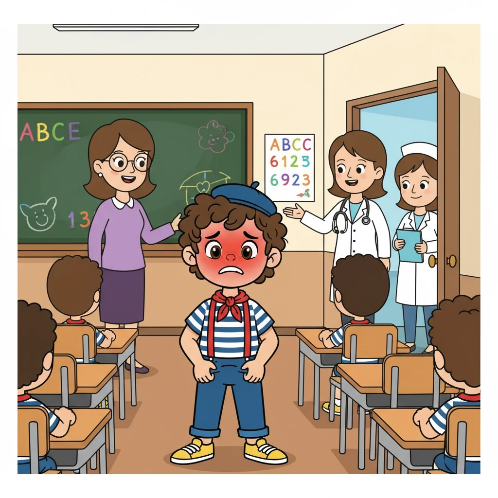 À l'école, la maîtresse annonça l'arrivée des médecins pour un contrôle de santé. Sofiane réalisa soudainement qu'il avait oublié de mettre un slip ! Ses joues rougirent instantanément, pris d'une grande gêne.