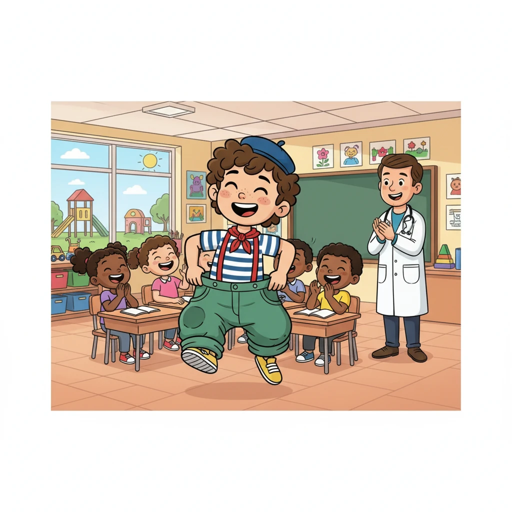 Sofiane, voyant le pantalon de son ami Nassim, l'enfila et s'enfuit en courant. La classe entière éclata de rire, et même le médecin sourit, admiratif de l'imagination débordante de Sofiane.