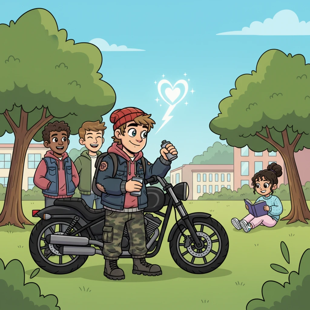 Klaus, a charismatic college gangster with a flask in hand, leans coolly against his sleek motorcycle, surrounded by laughing friends. His eyes, however, are drawn across the sun-drenched campus to Alexa, a sweet psychology student engrossed in a book under a leafy tree. In that instant, a bolt of pure, unexpected love strikes him, his rugged facade softening into a look of profound wonder.