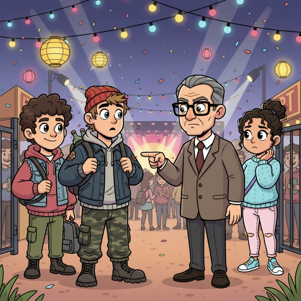 The college festival pulsates with vibrant lights and lively music as Klaus, accompanied by a group of friends and a stash of alcohol, attempts to sneak in. Professor Sharma, a stern figure, intercepts him, issuing a grave warning: 'One mistake tonight, Klaus, and you’re finished.' Klaus, for once, nods in restraint, understanding the serious consequences.