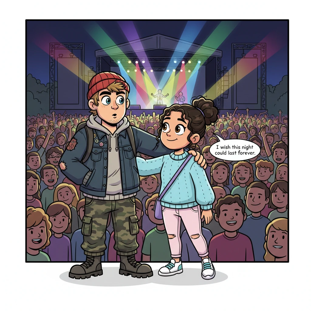 Inside the festival, a massive crowd surges around the concert stage, but Klaus remains steadfastly by Alexa's side. He acts as her silent protector, shielding her from the jostling crowd, ensuring her safety in the chaotic energy. As the colorful lights dance across Alexa's face in the dark, Klaus gazes at her, utterly lost, whispering, 'I wish this night could last forever.' For the first time, Alexa feels truly safe and protected, her eyes glimmering with a newfound love for him.