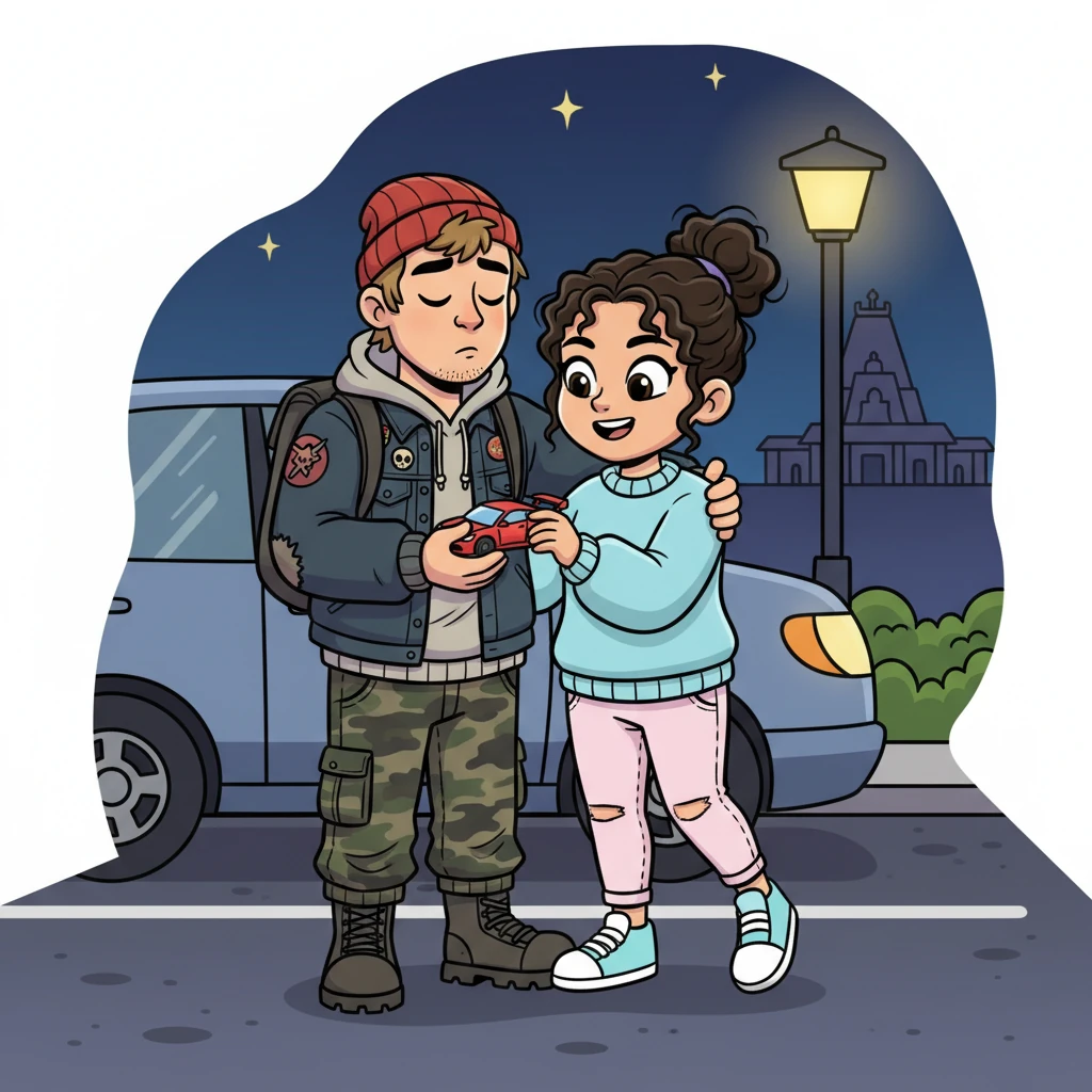 On their first date, Klaus pulls his car into the parking lot, his heart racing. Alexa, with a mischievous smile, asks him to close his eyes, then places a small, remote-control car into his hands. Klaus is utterly stunned, hugging her tightly as he whispers, 'Thank you... you don’t know what this means.' They spend the night driving, visiting a peaceful temple and a charming rustic café, before Alexa falls asleep in the car on the way back, her hand gently held by Klaus.