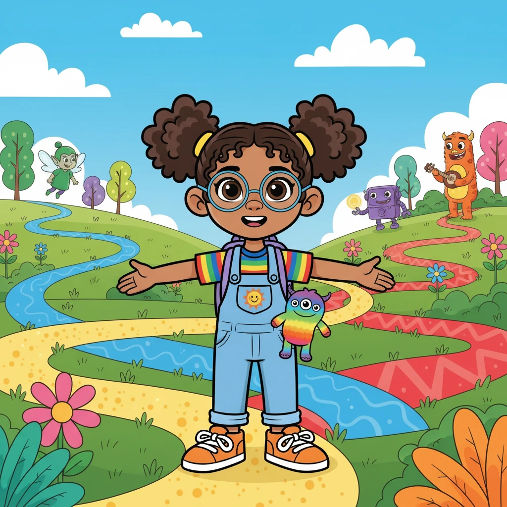 Maya, a girl with curly hair and glasses, stands with a big smile, a backpack on her back. Colorful paths stretch out behind her, each leading to a new friend with a unique ability. The title, in a playful font, sits at the top, promising an exciting adventure.