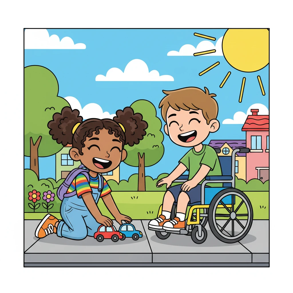 Maya meets Tom, who uses a wheelchair. They are racing toy cars on the sidewalk, both laughing with pure joy. The sun shines brightly, and the world seems full of possibilities for these two friends. It's a perfect day for fun and friendship.