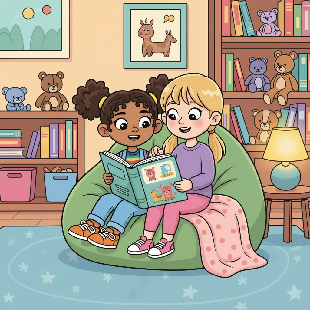 Next, Maya sits with Lilly, who has dyslexia, on a cozy beanbag chair. Lilly smiles as Maya points at pictures in a book. The room is filled with warmth and the shared joy of storytelling, where differences fade and friendship shines.