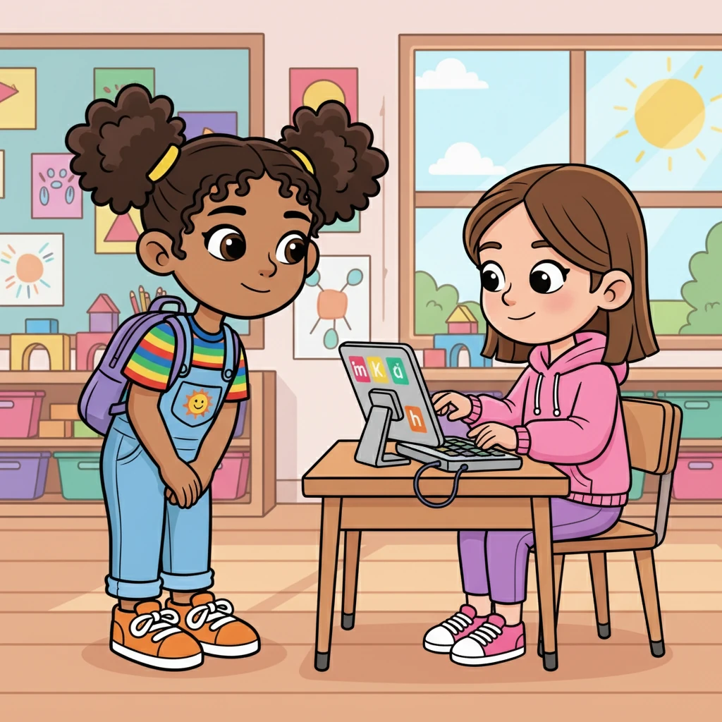 Maya encounters Leah, who uses a communication computer. Leah sits at a desk, typing on her tablet, which displays words in a speech bubble. Maya listens intently, her expression filled with empathy and understanding, showing the power of communication.
