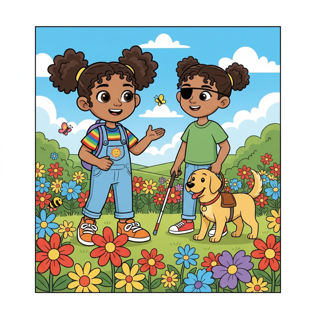April, who is blind, walks with her guide dog, Sunny. Maya describes the colorful flowers nearby with a big smile. The scene emphasizes the beauty in every sense and the importance of describing the world in detail.
