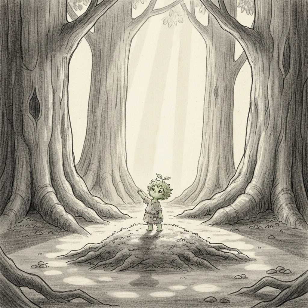 Pip, a tiny sapling, barely reaches above the mossy ground. Its delicate leaves stretch towards the dappled sunlight, a yearning visible in its tender form. Surrounding it are the towering, ancient trunks of the forest, casting long shadows.