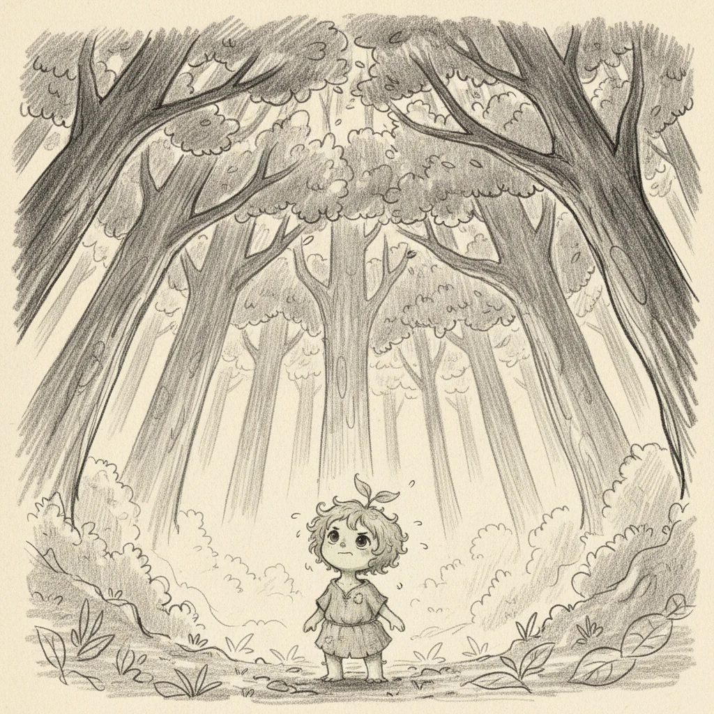 Pip strains, its tiny stem trembling with impatience, looking up at the immense canopy. It wishes for strong branches and a thick trunk, eager to join the giants and feel the wind high above. A sense of frustration ripples through its small being.