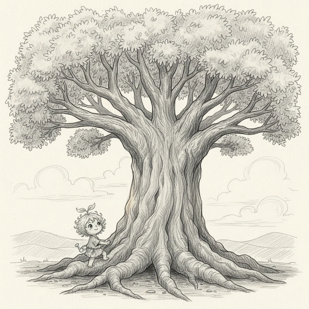 Nearby, the majestic Old Oak stands, its gnarled branches reaching like ancient arms towards the sky. Its bark is a tapestry of time, deeply furrowed, and its leaves rustle with a gentle, knowing sigh as it observes the restless young sapling.