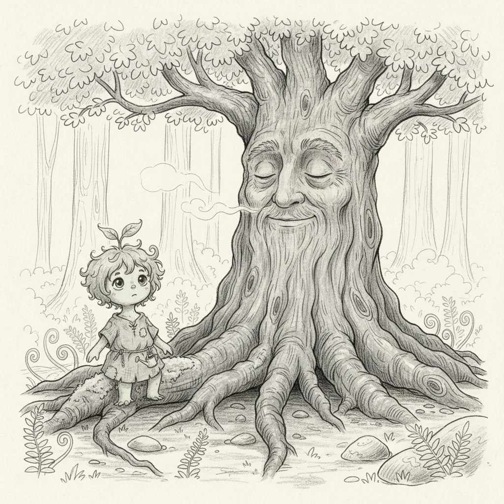 The Old Oak's voice, a low rumble carried by the breeze, drifts to Pip. "Little one," it murmurs, "there is beauty in slow growth. Strength is not only in height but in the roots that delve deep, unseen." Pip listens, a seed of thought planted.