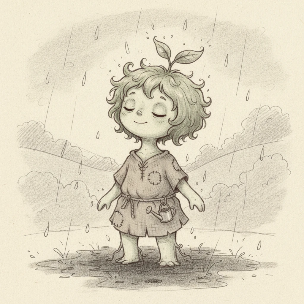 A soft, steady rain begins to fall, soaking the earth around Pip. Each drop feels like a gentle caress, nourishing its roots. Pip feels a subtle, internal shift, a quiet strengthening that is not about speed but about sustenance.