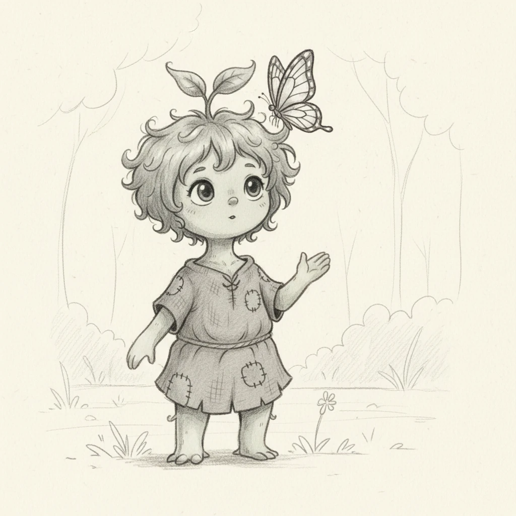 A delicate butterfly, with wings like stained glass, alights on one of Pip's tender leaves. Pip holds still, mesmerized by the intricate patterns, finding joy in this small, quiet moment of connection with the living world around it.