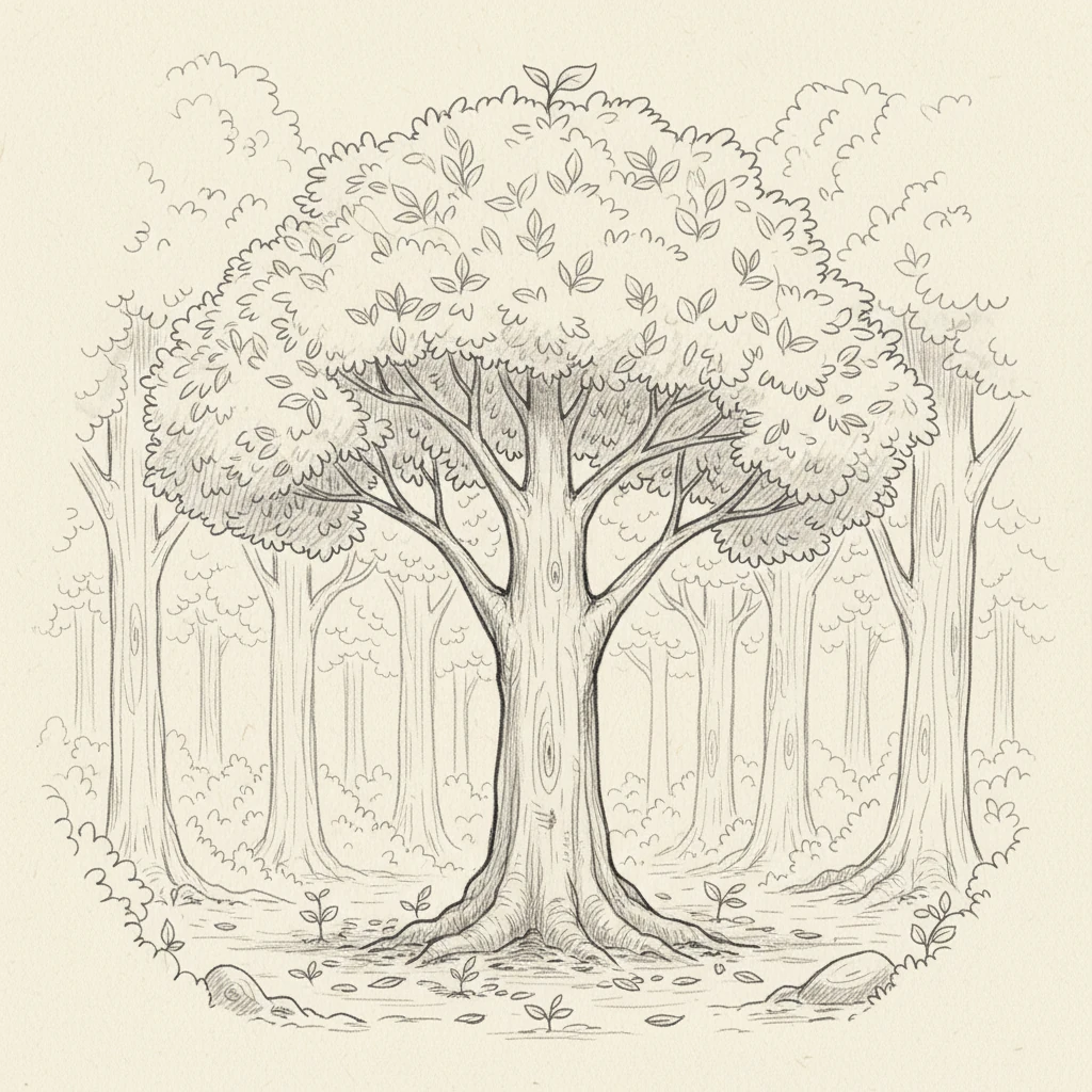 Years have passed. Pip is now a young, sturdy tree, its trunk thicker, its branches spreading confidently. It stands tall, not yet an ancient giant, but a beautiful, resilient part of the forest, its unique form shaped by patience and time.