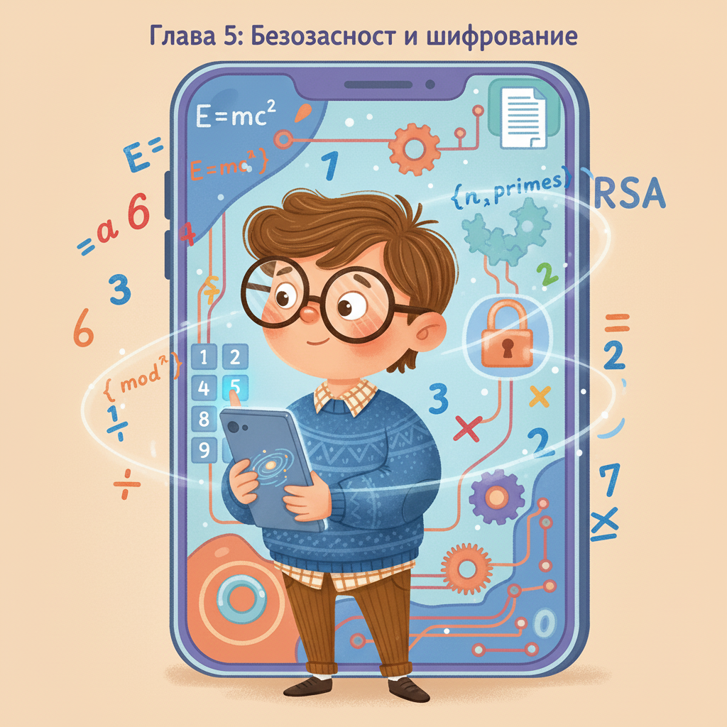 Глава 5: Безопасность и шифрование. Умник стоит перед экраном смартфона, вводя пароль. Вокруг него изображены сложные математические уравнения, связанные с шифрованием и RSA. Иллюстрация показывает этапы шифрования и расшифровки данных, защищающих информацию.
