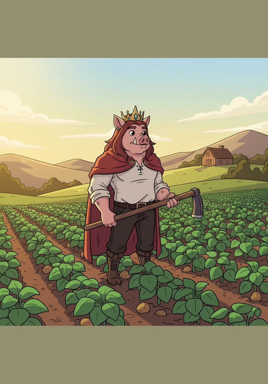 In a realm of blocky hills and golden sunlight, a pig named Techno tended to his vast fields of potatoes. He wore a simple golden crown, a hint of the greatness that lay hidden beneath his calm and steady gaze.