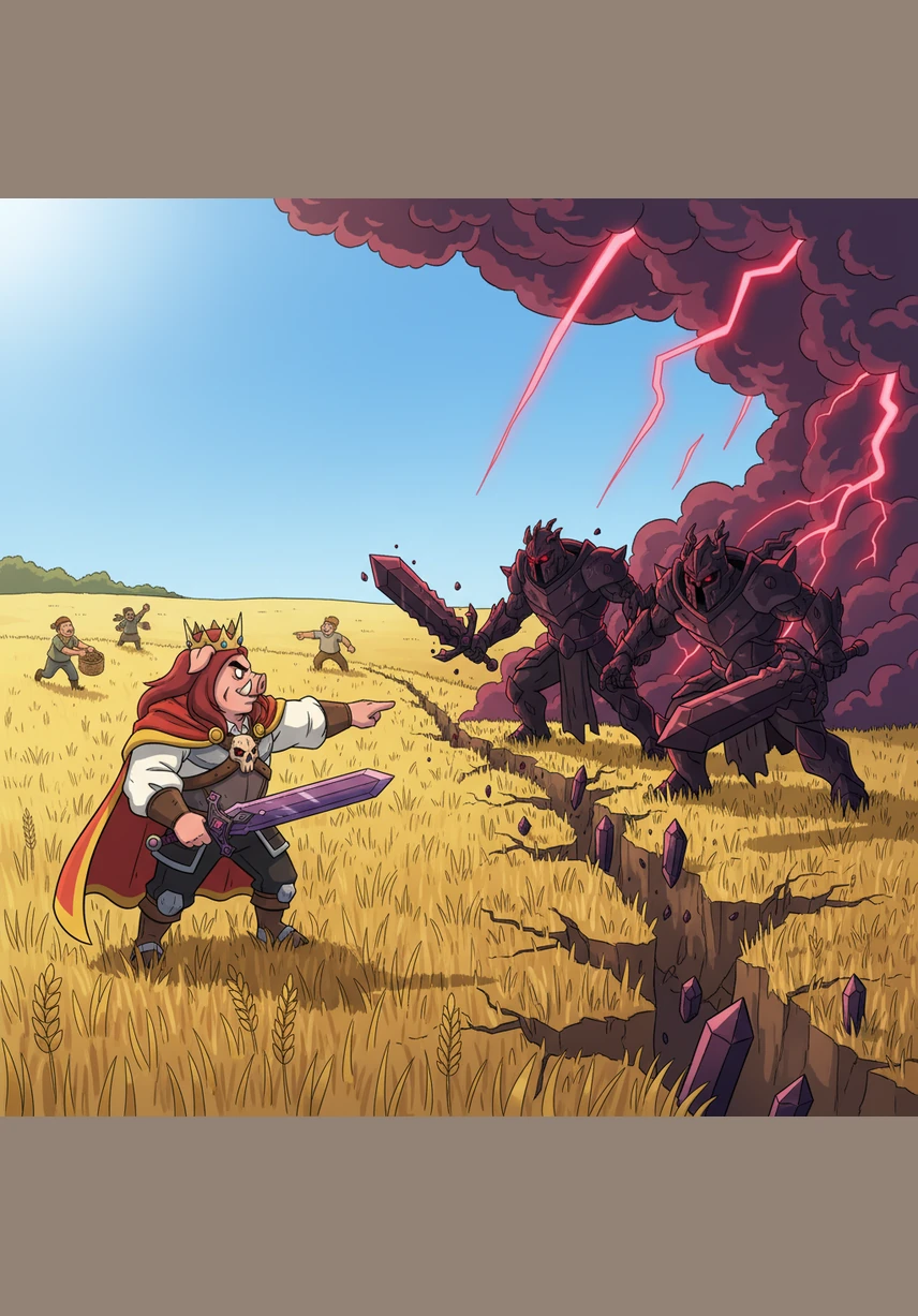 The peace was shattered when dark clouds gathered over the horizon, signaling a threat to the freedom of the land. Techno looked up from his harvest, his eyes narrowing as he realized the time for farming had passed and the time for battle had begun.