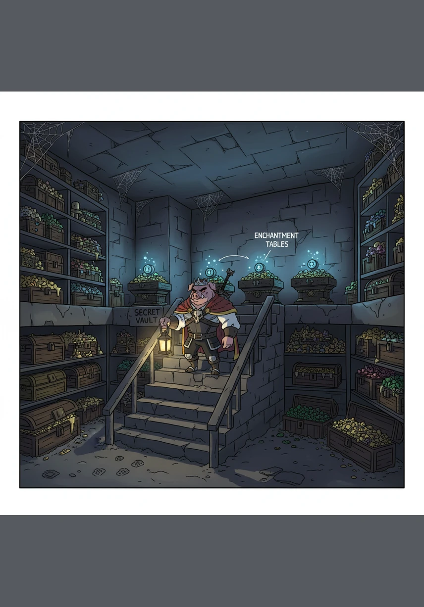 He descended into his secret vault, where armor of netherite and a sword of shimmering diamond awaited him. With a practiced hand, he donned his iconic red velvet cape, the heavy fabric settling on his shoulders like the weight of a kingdom.