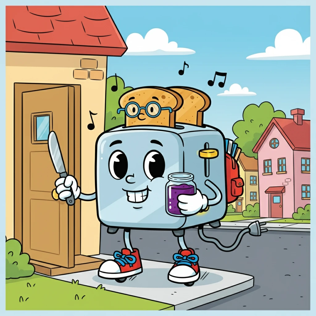 Toasty, excited, packed his little backpack with a butter knife and a jar of jam. He popped out of the kitchen, ready for his first day. As he rolled down the street, he imagined all the new recipes he would learn, humming a happy tune.