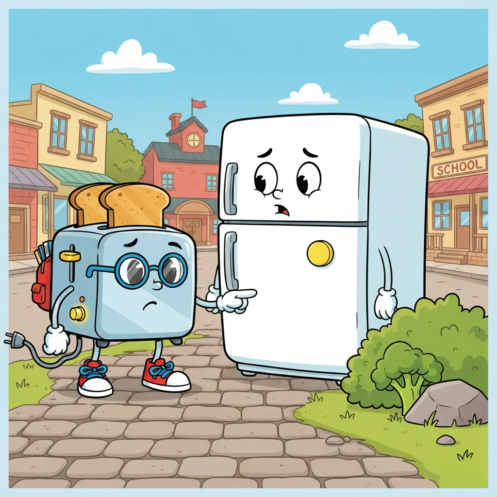 On his way, he bumped into a forgetful refrigerator named Fridgey. Fridgey was always losing things. "Have you seen my broccoli?" Fridgey asked, but Toasty was too eager to reach school. Toasty, being a good friend, helped Fridgey to look for the broccoli, but without success.