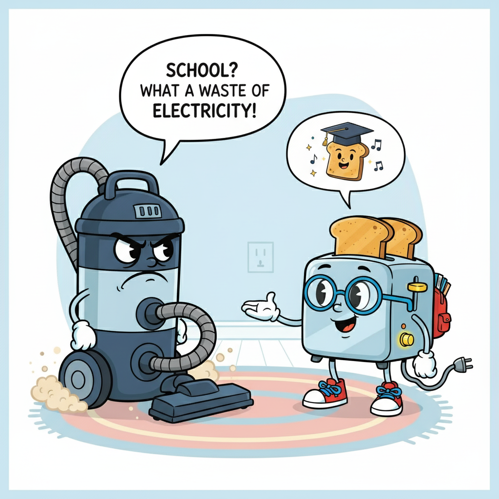 Next, Toasty encountered a grumpy vacuum cleaner, Vroom, who hated everyone and everything. Vroom grumbled, "School? What a waste of electricity!" But Toasty, ever optimistic, managed to cheer him up with a silly toast joke.