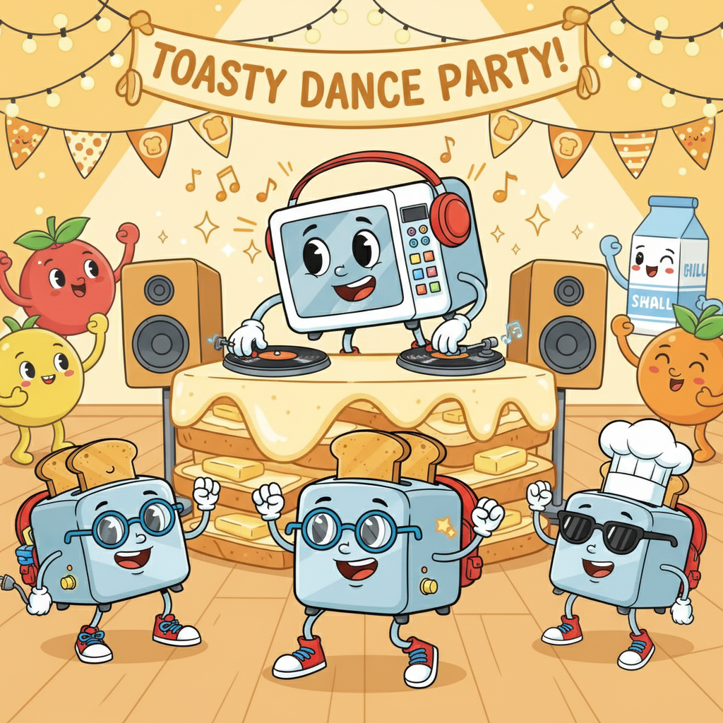 Finally, Toasty arrived at the school and spotted a dancing microwave named Mic, who was also a DJ. Mic was spinning some hot beats, and Toasty couldn't help but start bopping to the music. Mic welcomed Toasty and his friends to a toast-themed dance party.