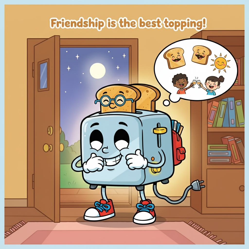 After a day filled with laughter, friendship, and a few delicious, albeit imperfect, slices of smart toast, Toasty realized that learning was fun, but friendship was the best topping of all. He went home feeling toasted with happiness and ready for another day.