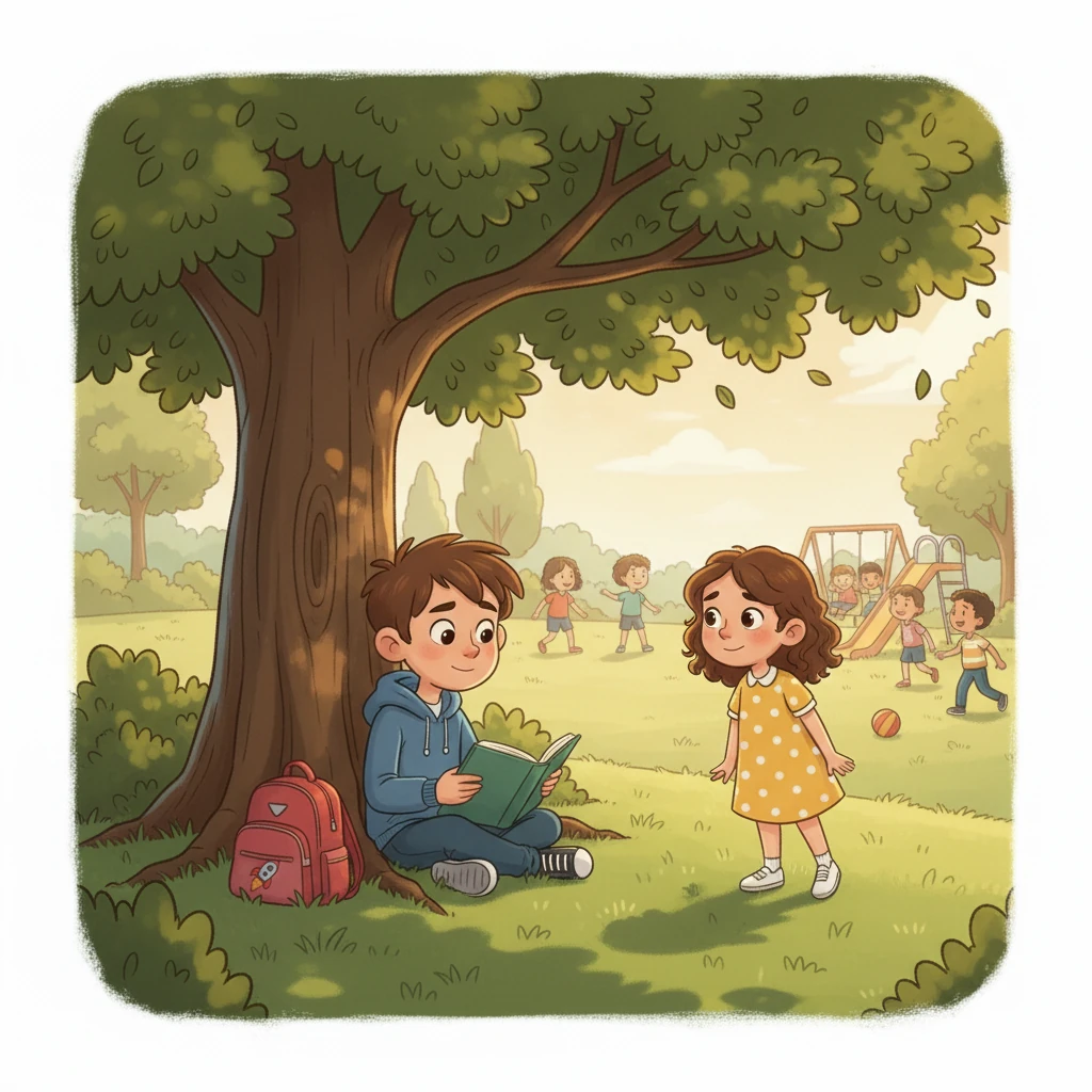Um dia, durante o recreio, enquanto todos brincavam no parque, Rafael sentou-se à sombra de uma árvore, lendo um livro. Uma menina de cabelos cacheados, chamada Sofia, aproximou-se timidamente.