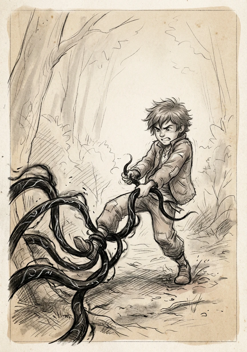 黑色藤蔓顺着林晓脚踝疯狂攀爬，银色纹路的光芒被黑气压制得忽明忽暗，他咬紧牙关，试图挣脱束缚，但藤蔓越缠越紧。