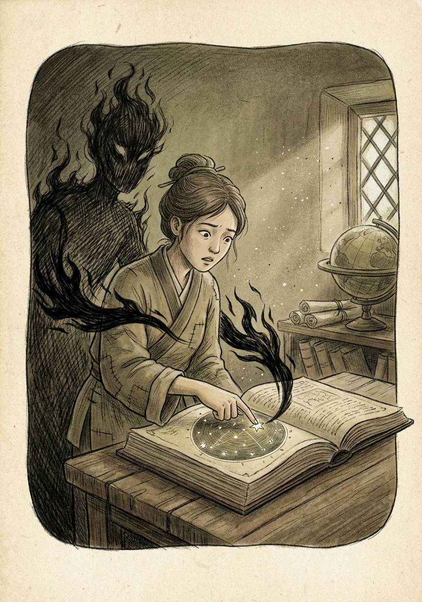 苏瑶翻到古籍关键页的指尖刚触到星图最亮的星辰，黑影便甩出一道黑焰直扑她后背，炙热的气浪让她感到窒息。