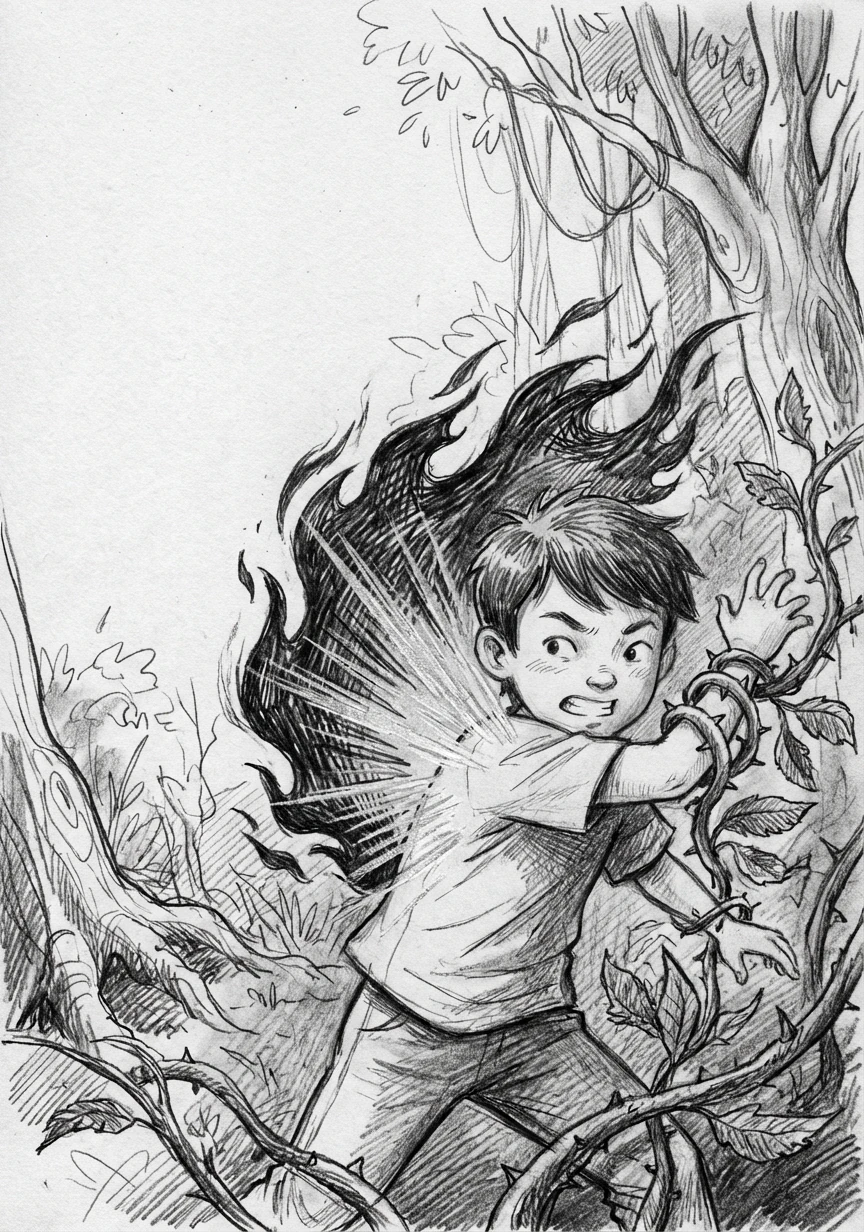 林晓猛地转身用手臂格挡，纹路瞬间爆发出强光将黑焰弹开，却也让藤蔓趁机缠上了他的手臂，银光与黑气激烈碰撞。