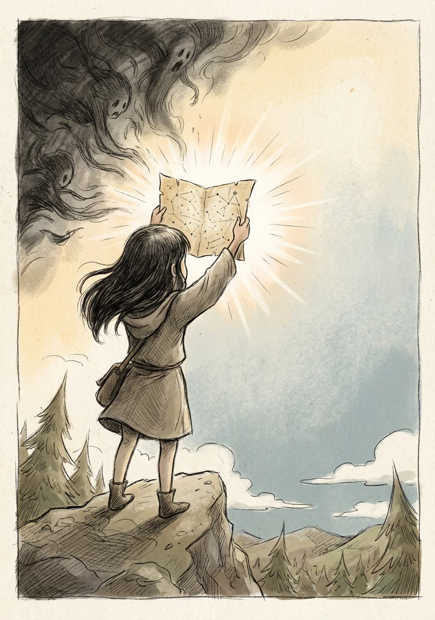 苏瑶见状，立刻念动咒语，星图发出耀眼的光芒，将黑影逼退。她知道，只有找到星图的真正力量，才能彻底击败黑暗。