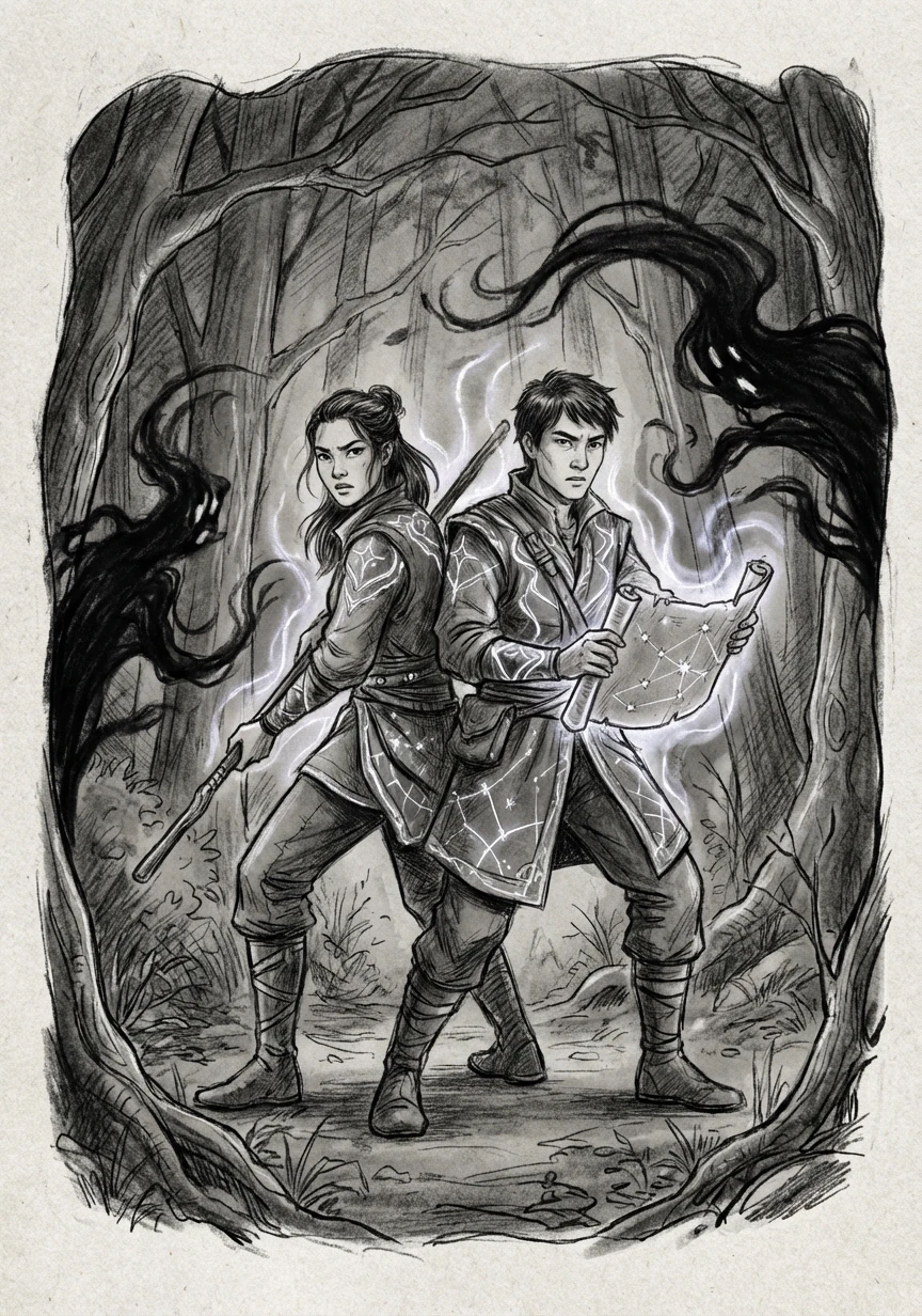 林晓和苏瑶背靠背站立，面对再次袭来的黑影，他们眼神坚定。银色纹路与星图的光芒交相辉映，照亮了黑暗的森林，希望在他们心中升腾。