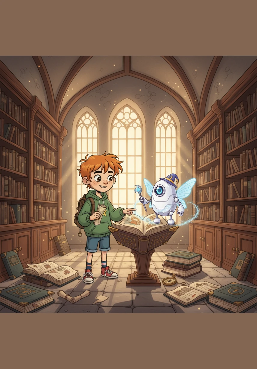 Leo, a boy with wide eyes and messy hair, finds a tiny, glowing robot hidden in his grandfather’s old chest. The robot hums with a soft blue light, its mechanical eyes twinkling with hidden secrets and promise.