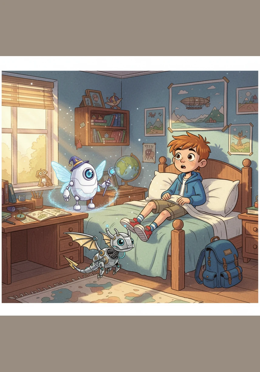 Leo wakes up at sunrise, feeling the soft breeze from his window and seeing the robot sitting quietly on his desk. He realizes that while the internet is amazing, the real world has colors and feelings that no screen can ever truly match.