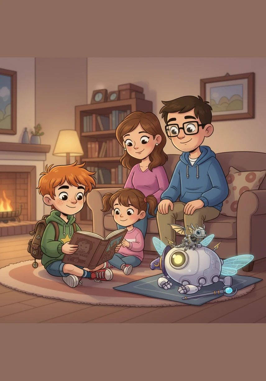 In the evening, Leo shares a storybook with his family while the robot rests nearby, its light dim and peaceful. He has learned that life is best lived in balance, with one foot in the digital world and both hands firmly in the real one.