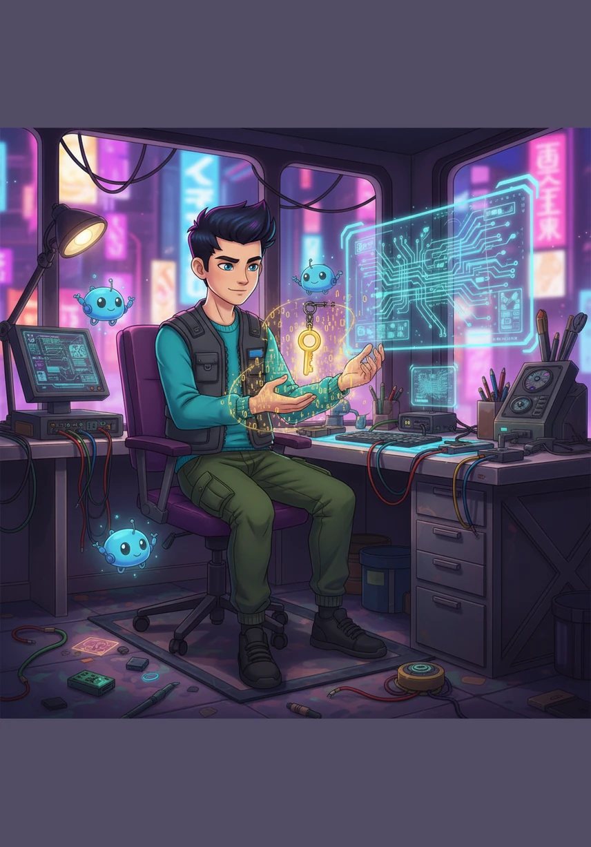 In the glowing heart of Bit-Valley, a clever young inventor named Cipher finished writing his most prized secret: the recipe for Golden Glow Juice. He knew his friend Echo would love it, but the journey to her house was filled with sneaky Shadow Mimics who loved to play tricks.
