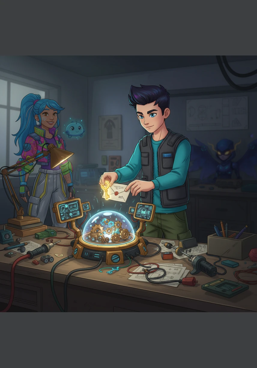 He placed his letter and the Golden Key into a small, brass-rimmed device on his workbench. The machine whirred and clicked, processing the words and the key together in a complex dance of light and logic.