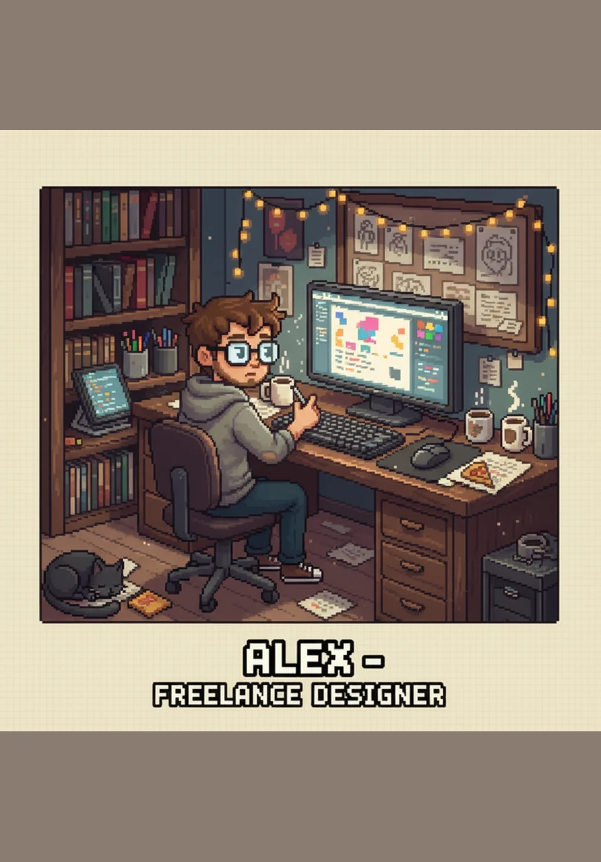 Алекс сидит перед ярким монитором в своей уютной комнате, окруженный горами бумаг и бесконечными открытыми вкладками. Он чувствует, что буквально тонет в хаосе задач, и мечтает о простом решении, которое вернет ему творческую свободу.