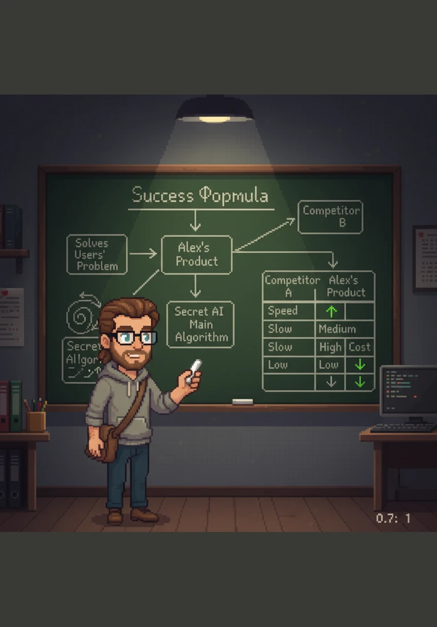 Алекс рисует на большой доске формулу своего успеха: его продукт решает главную проблему пользователей с помощью секретного ИИ-алгоритма. Он видит, как его решение оставляет далеко позади медленных и дорогих конкурентов в таблице сравнения.