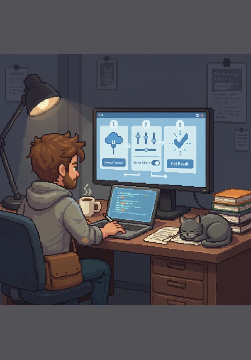 Алекс проектирует три простых шага к успеху: подключение аккаунта, выбор нужных фильтров и получение идеального результата. На экране его прототипа появляются первые чистые интерфейсы и понятные кнопки управления.