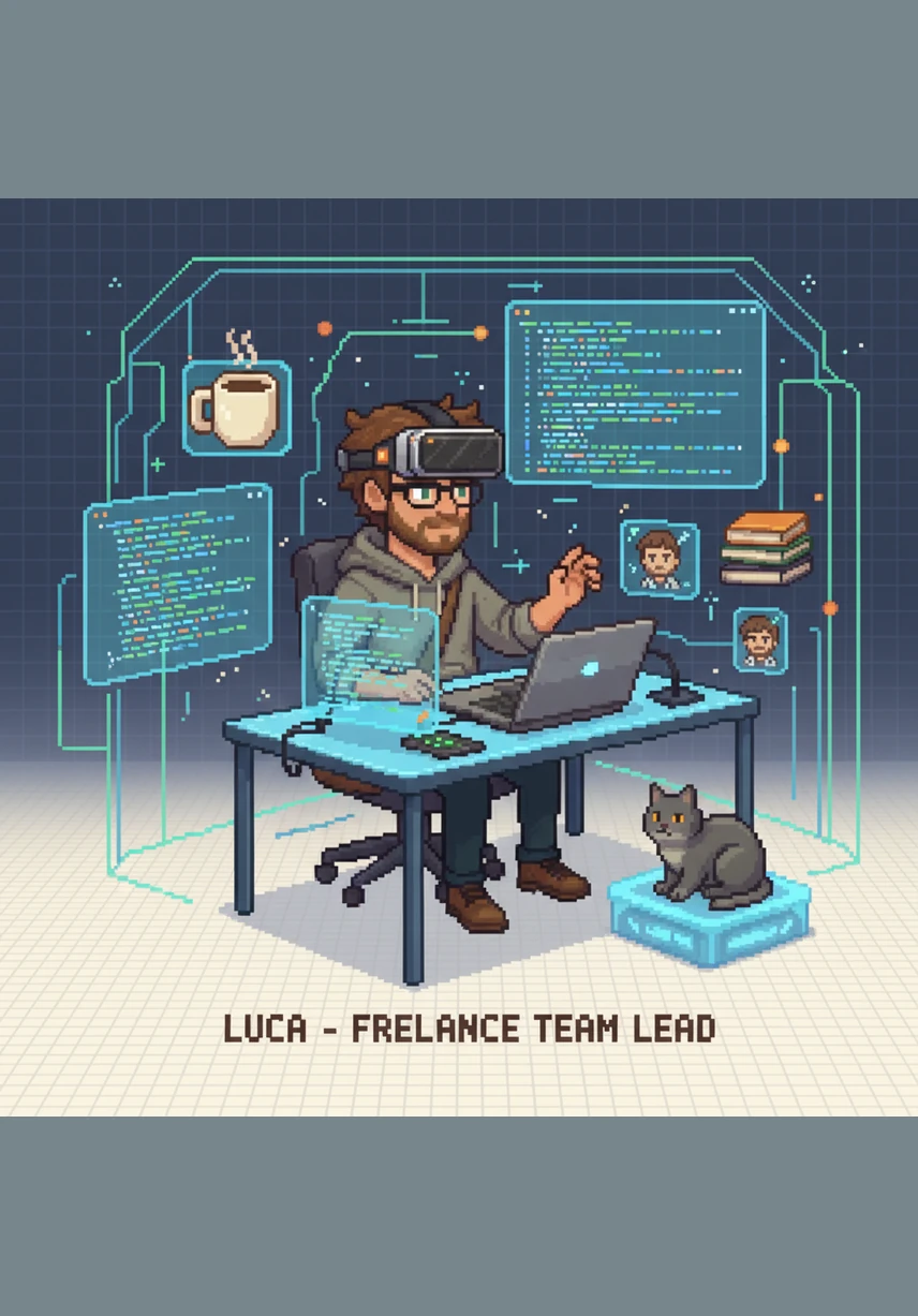 В своей виртуальной мастерской он объединяет мощь современных фреймворков и нейросетей, создавая надежный и быстрый двигатель. Технологическое облако тегов из иконок Next.js и Python сияет вокруг него, подтверждая мощь разработки.