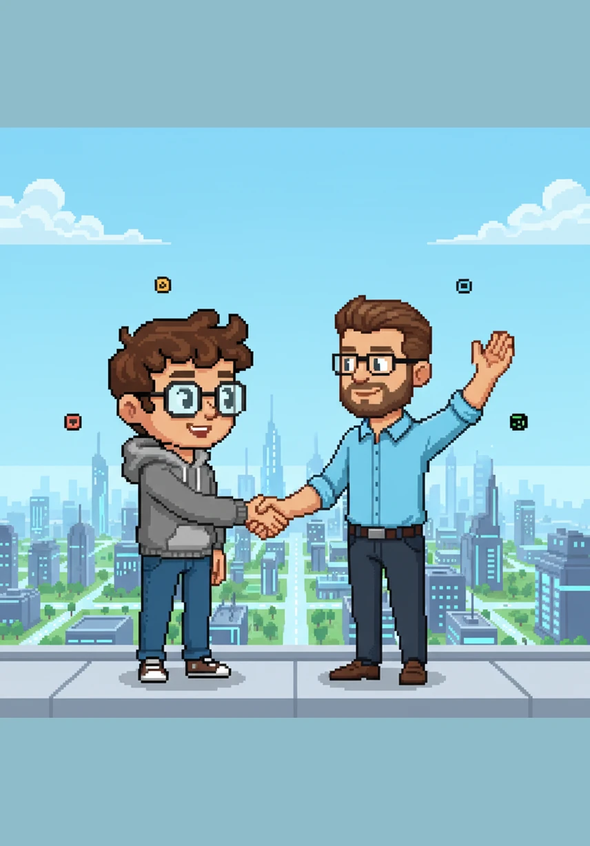 Дизайнер Иван жмет Алексу руку и благодарит за то, что новый сервис наконец-то спас его выходные. Вместе они смотрят на чистый, организованный горизонт будущего, где работа больше не является тяжелым бременем.