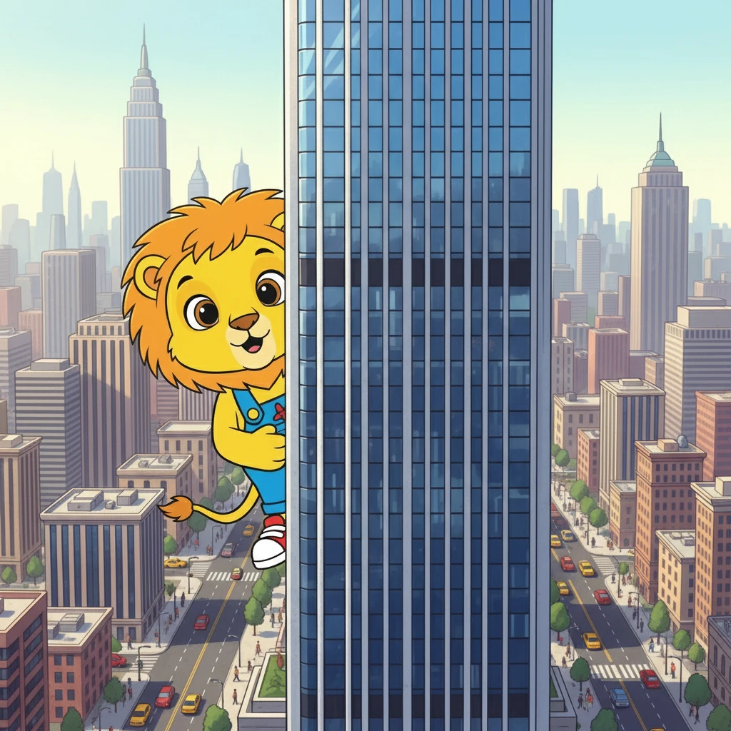 Leo, a small lion cub with a fluffy mane, peeked out from behind a giant skyscraper. He had never seen anything like it! The city was a maze of tall buildings, bustling cars, and people hurrying everywhere.